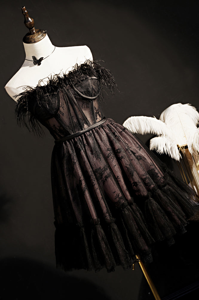 Black Strapless Feathers Prints Ruffle Homecoming Dress
