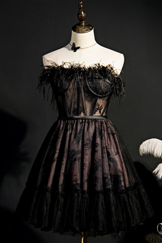 Black Strapless Feathers Prints Ruffle Homecoming Dress