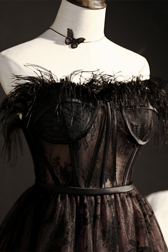 Black Strapless Feathers Prints Ruffle Homecoming Dress