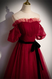 Red Off-the-Shoulder Pleated Ruffle Maxi Formal Dress with Sash