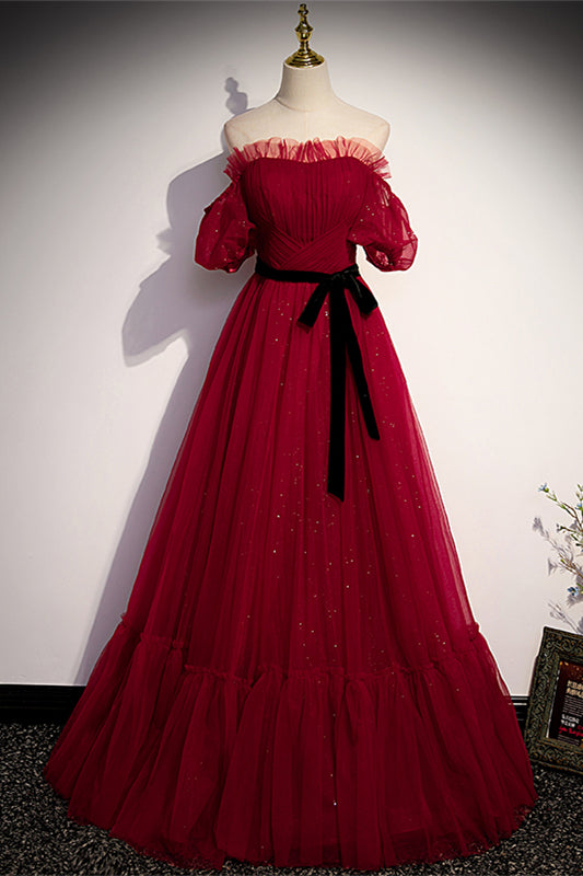 Red Off-the-Shoulder Pleated Ruffle Maxi Formal Dress with Sash