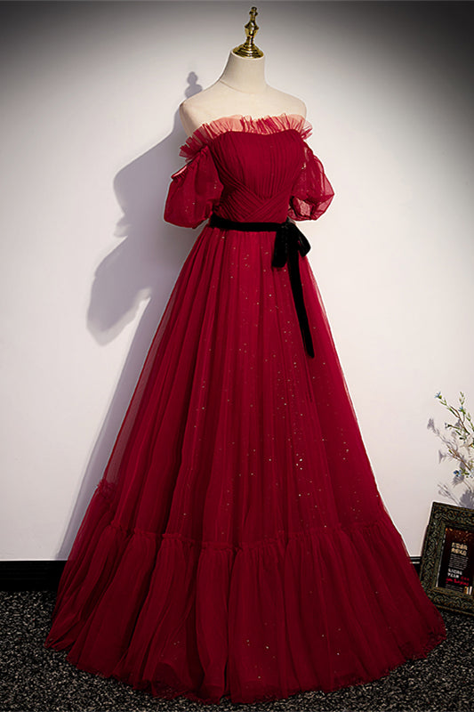 Red Off-the-Shoulder Pleated Ruffle Maxi Formal Dress with Sash