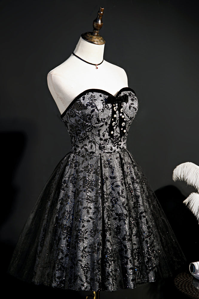 Sparkly Black Prints Beaded Tulle Homecoming Dress with Bow