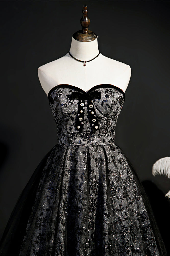 Sparkly Black Prints Beaded Tulle Homecoming Dress with Bow