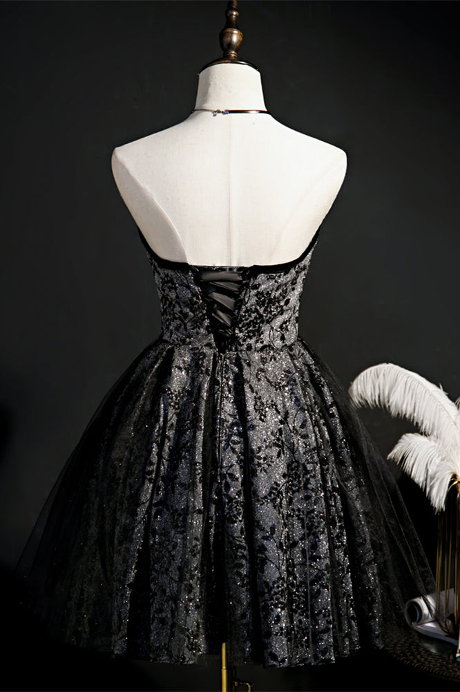 Sparkly Black Prints Beaded Tulle Homecoming Dress