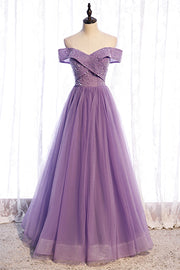 Lavender Folded Off-the-Shoulder Beaded Tulle Maxi Formal Dress