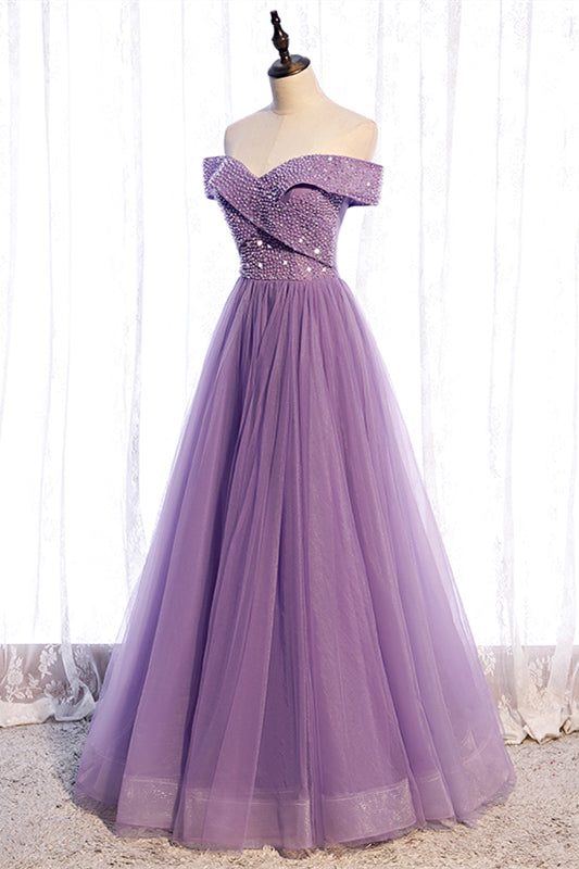 Lavender Folded Off-the-Shoulder Beaded Tulle Maxi Formal Dress