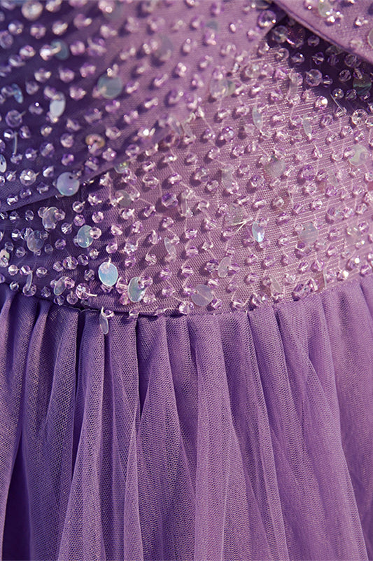 Lavender Folded Off-the-Shoulder Beaded Tulle Maxi Formal Dress