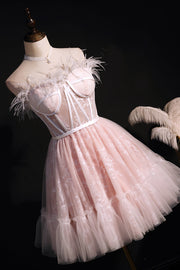 Pink Strapless Feathers Prints Ruffle Homecoming Dress