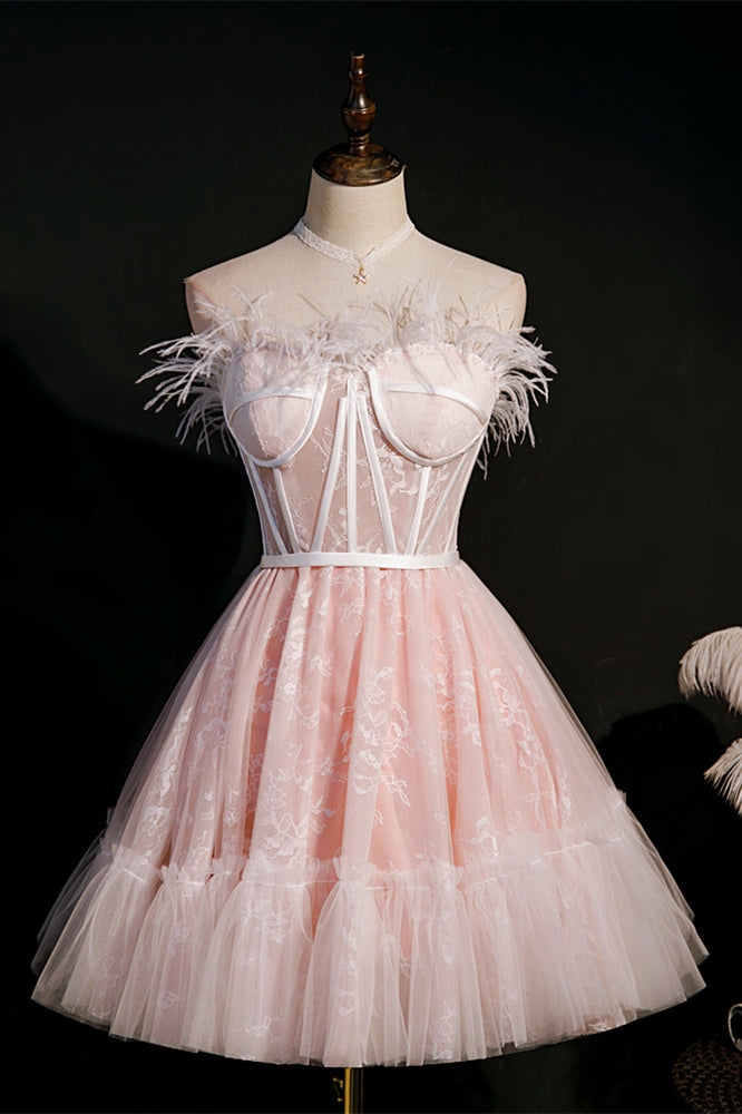 Pink Strapless Feathers Prints Ruffle Homecoming Dress