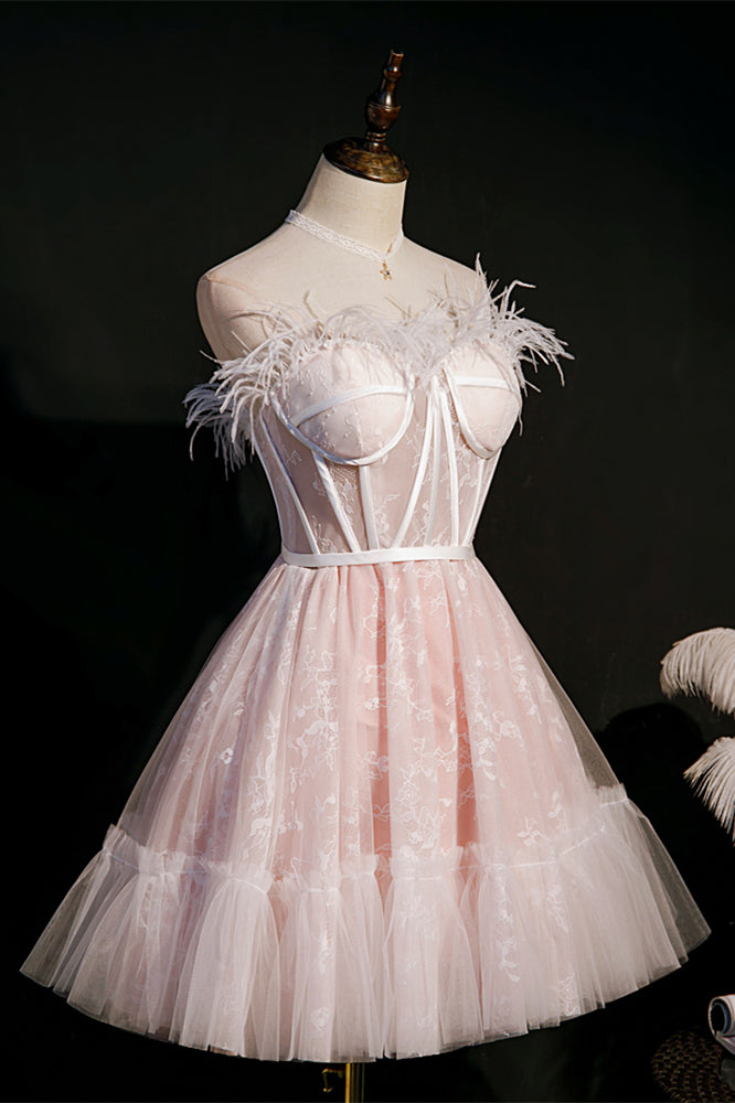 Pink Strapless Feathers Prints Ruffle Homecoming Dress