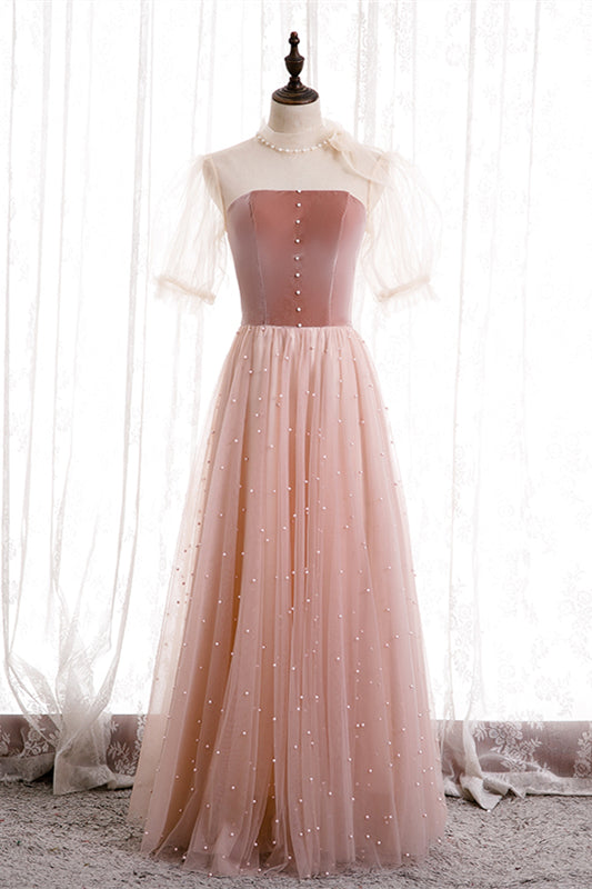 Blushing Pink Illusion Neck Puff Sleeves Pearl Beaded Maxi Formal Dress