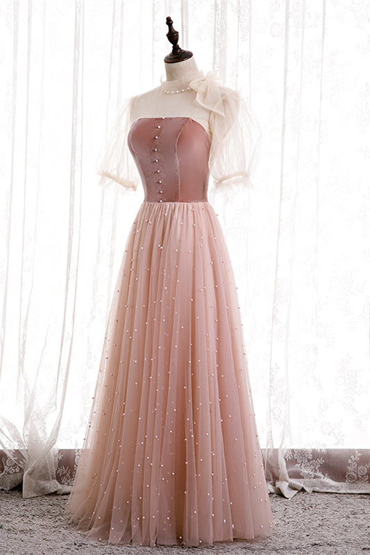 Blushing Pink Illusion Neck Puff Sleeves Pearl Beaded Maxi Formal Dress