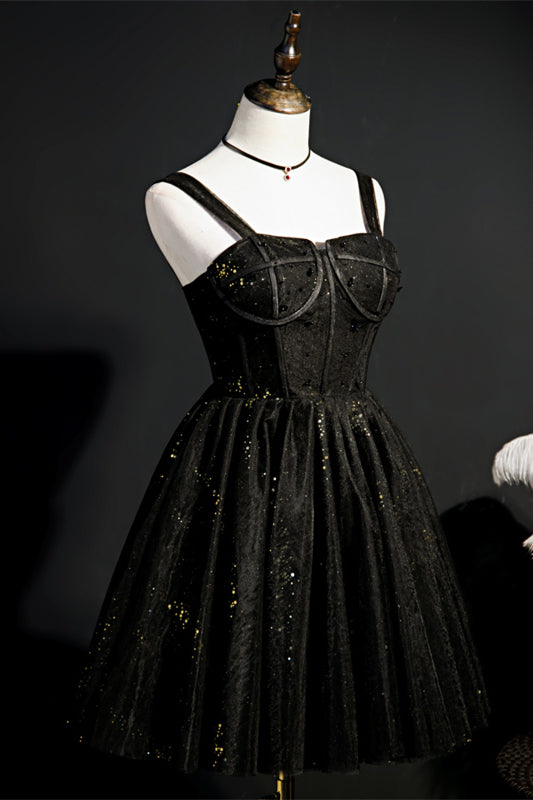 Black Straps Boning Beaded Tulle Homecoming Dress