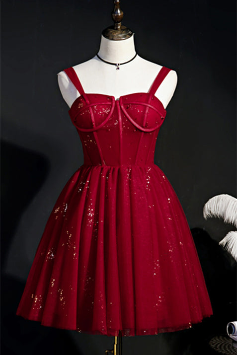 Wine Red Straps Boning Beaded Tulle Homecoming Dress
