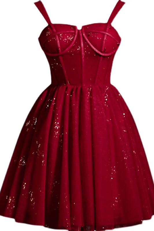 Wine Red Straps Boning Beaded Tulle Homecoming Dress