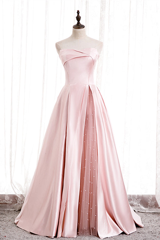 Pink Strapless Satin Lace-Up Pearl Beaded Maxi Formal Dress with Slit