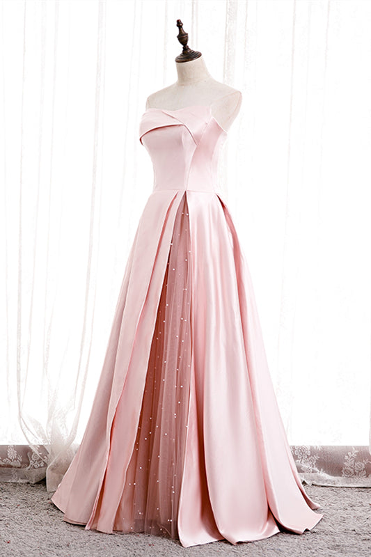 Elegant Satin A-Line Strapless Party Evening Dress With Pearls
