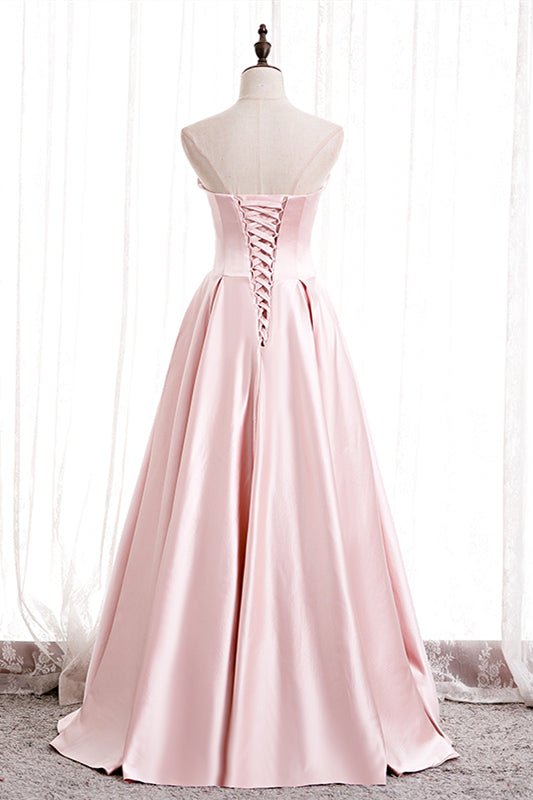 Elegant Satin A-Line Strapless Party Evening Dress With Pearls