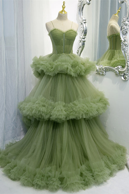 Light Green Straps Ruffle-Layers Pleated Maxi Formal Dress