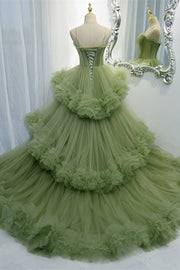 Light Green Straps Ruffle-Layers Pleated Maxi Formal Dress