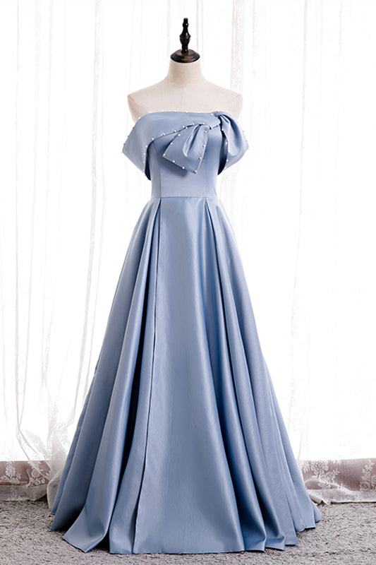 Blue Folded Strapless Satin Lace-Up Pearl Beaded Maxi Formal Dress with Pocket