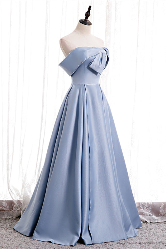 Blue Folded Strapless Satin Lace-Up Pearl Beaded Maxi Formal Dress with Pocket