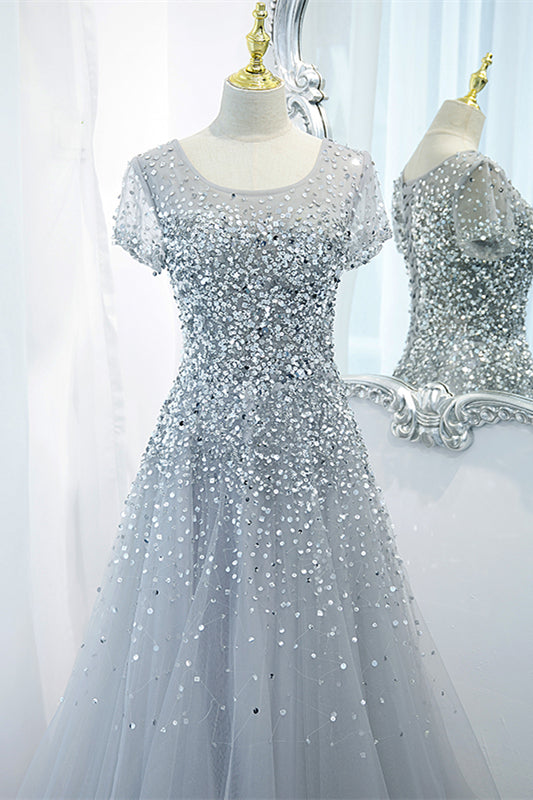 Sparkly Grey Jewel Sleeves Sequin-Beaded Maxi Formal Dress