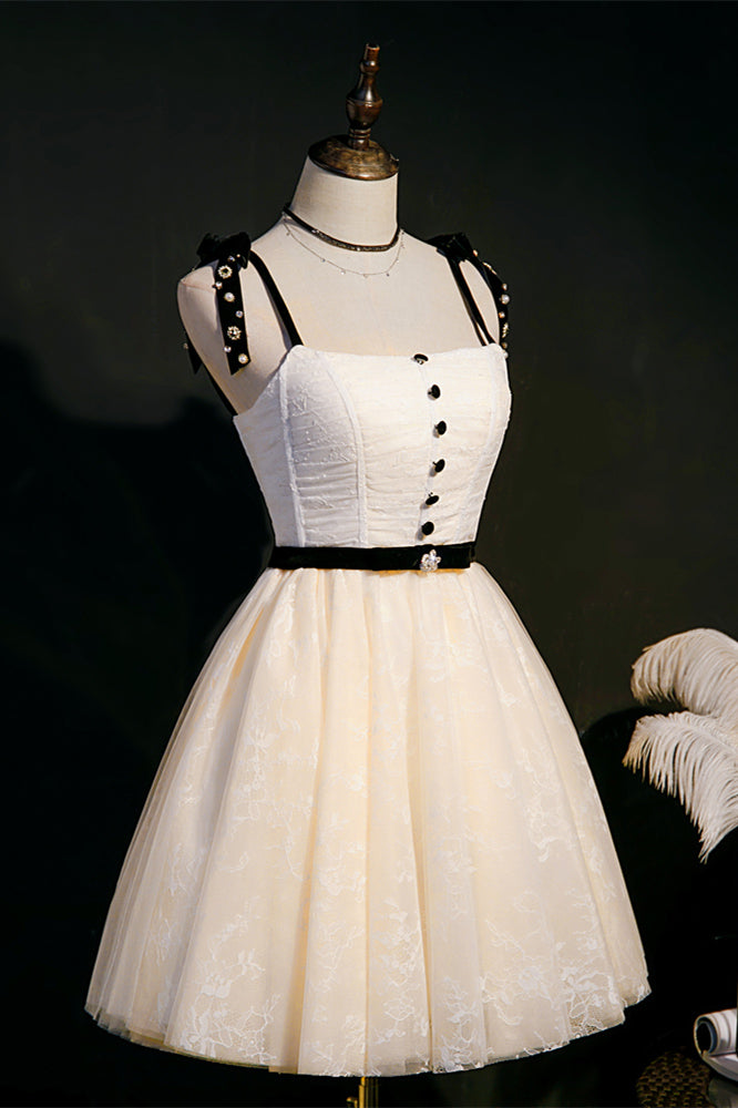 Beige Beaded Bow Tie Buttons Homecoming Dress with Sash