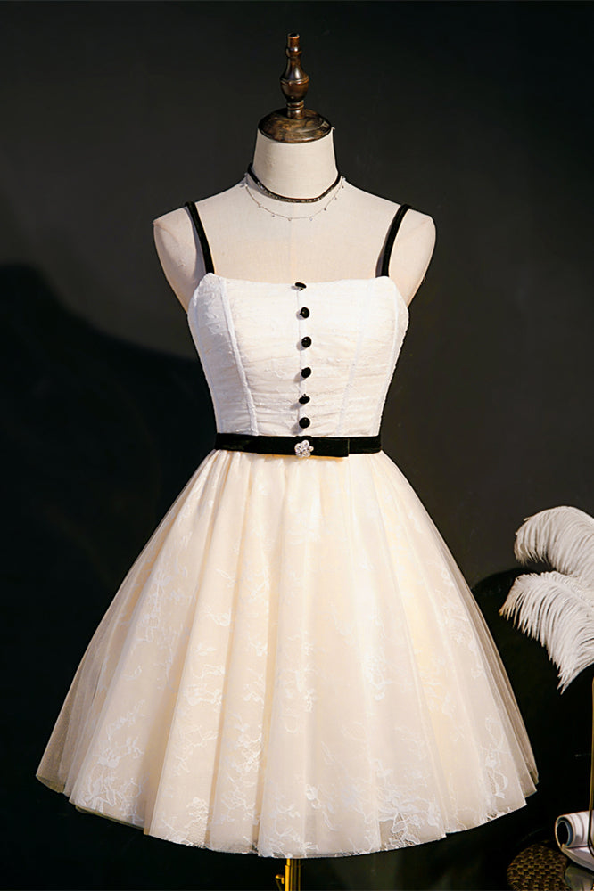 Beige Beaded Bow Tie Buttons Homecoming Dress with Sash | Joyofdress Beige Beaded Bow Tie Buttons Homecoming Dress with Sash | Joyofdress