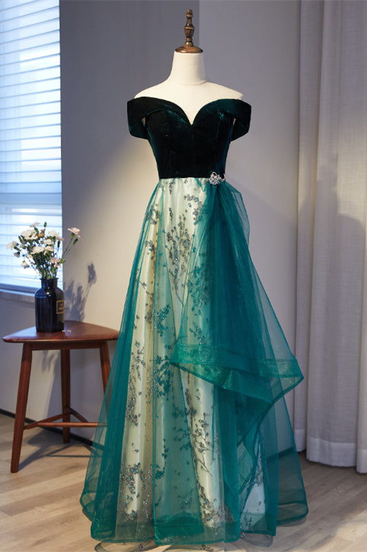 Black and Green Off-the-Shoulder Bead-Embroidered Maxi Formal Dress