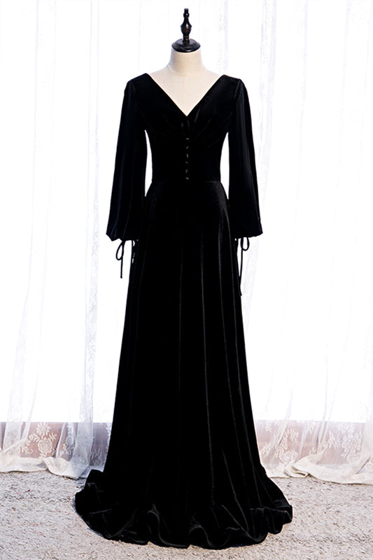 Black Mermaid V Neck Long Sleeves Lace-Up Velvet Maxi Formal Dress