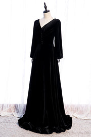 Black Mermaid V Neck Long Sleeves Lace-Up Velvet Maxi Formal Dress