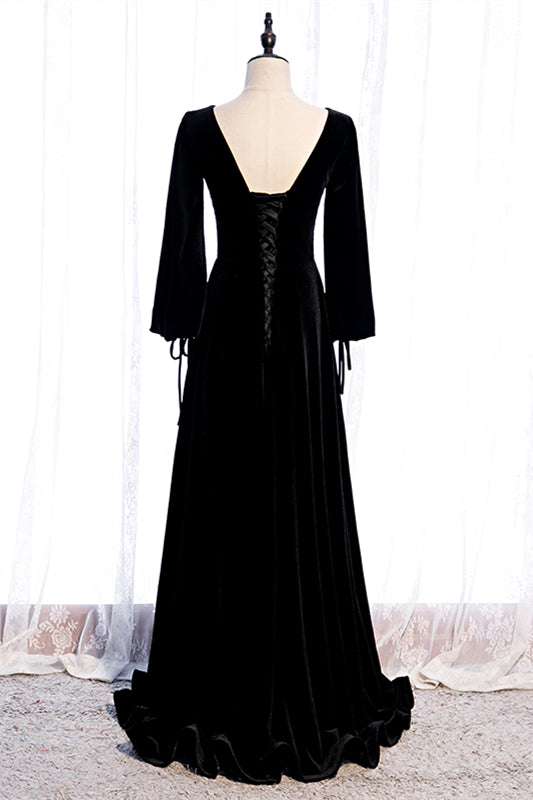 Black Mermaid V Neck Long Sleeves Lace-Up Velvet Maxi Formal Dress