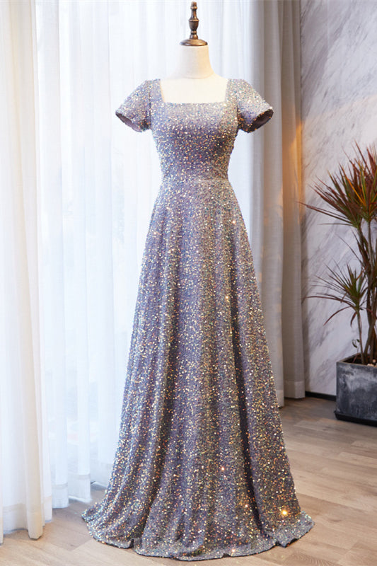 Grey A-line Square Neck Sleeves Sequins Long Formal Dress