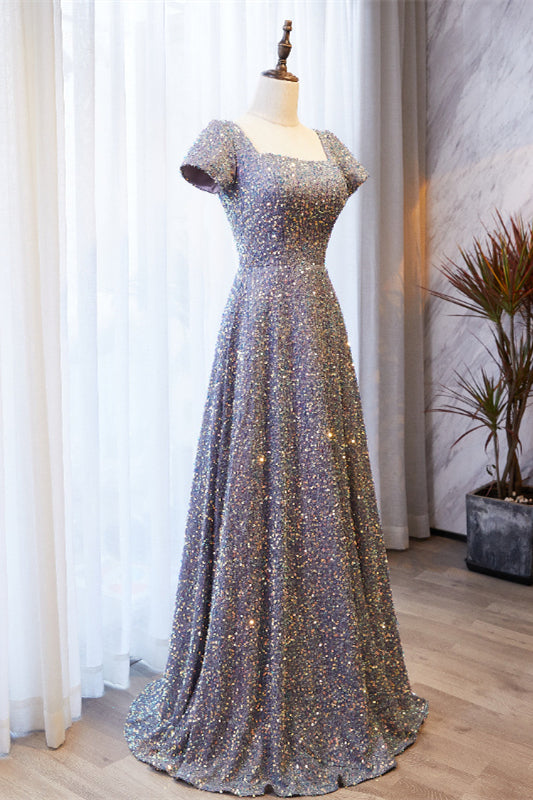 Grey A-line Square Neck Sleeves Sequins Long Formal Dress