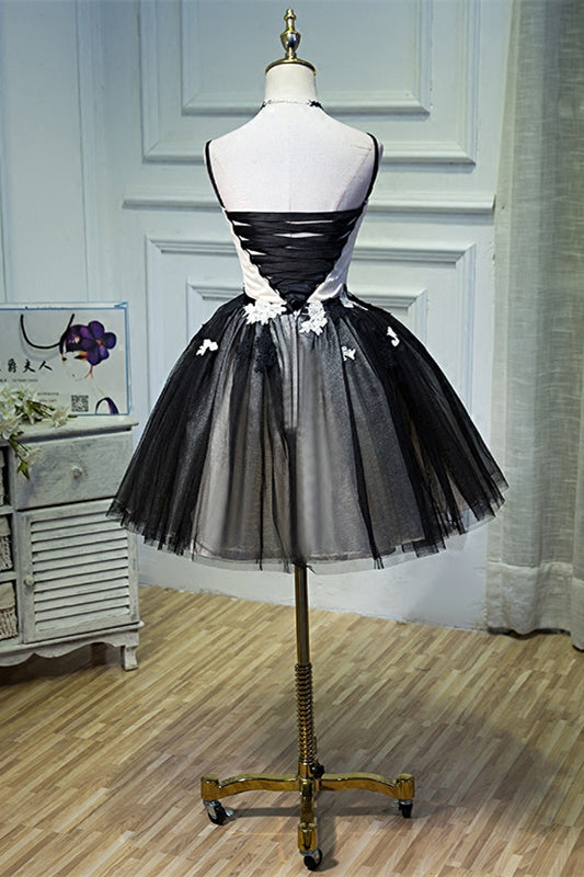 Black V Neck Straps Appliques Tulle Homecoming Dress