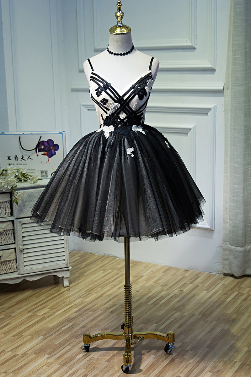 Black V Neck Straps Appliques Tulle Homecoming Dress