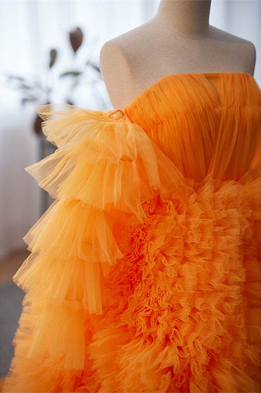 Orange Off-the-Shoulder Long Sleeves Ruffles Maxi Formal Dress with Slit