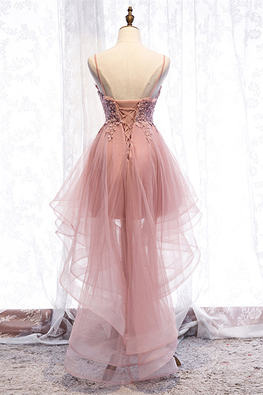 Pink A-line Deep V Neck Beaded Appliques Multi-Layers Hi-Low Formal Dress