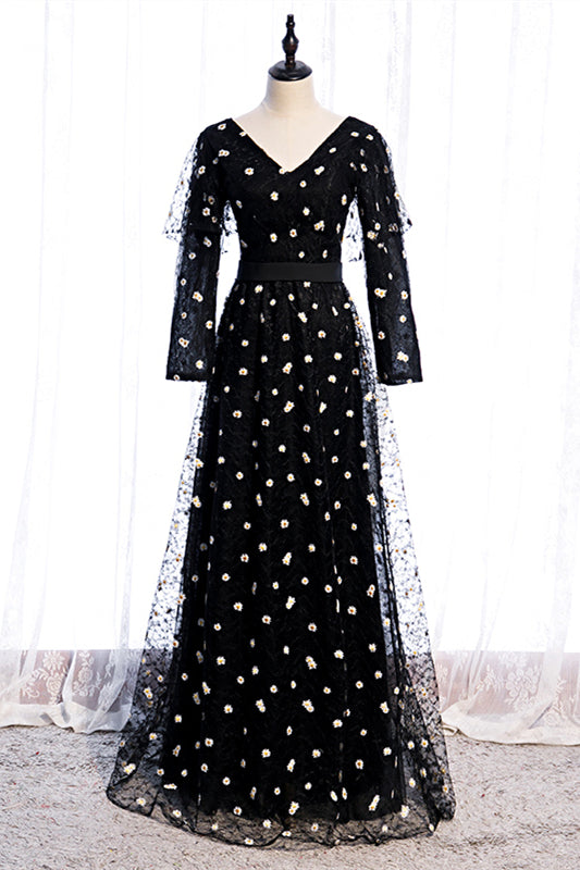 Black A-line V Neck Long Sleeves Daisy Embroideries Maxi Formal Dress