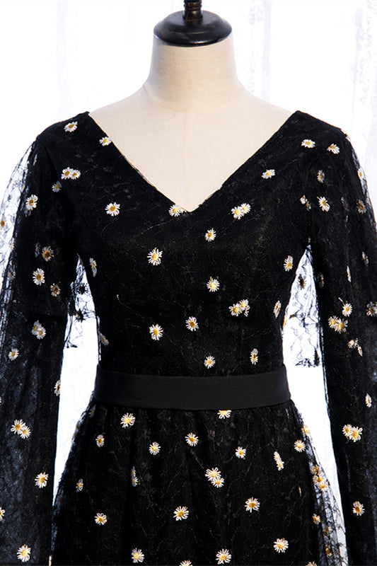 Black A-line V Neck Long Sleeves Daisy Embroideries Maxi Formal Dress