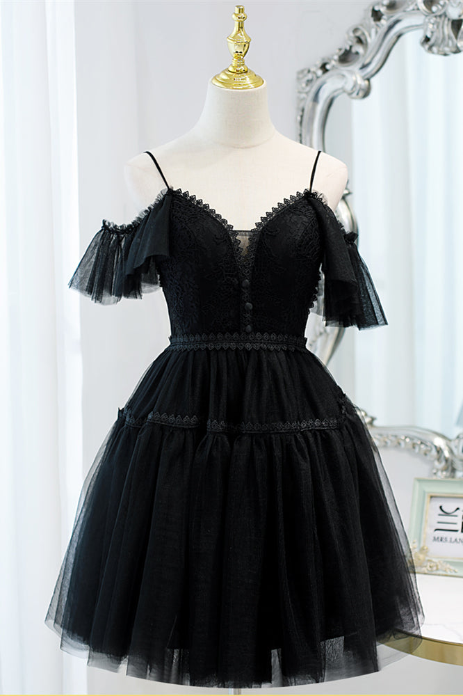 Black 2 Styles Tulle Straps Plunging V Homecoming Dress