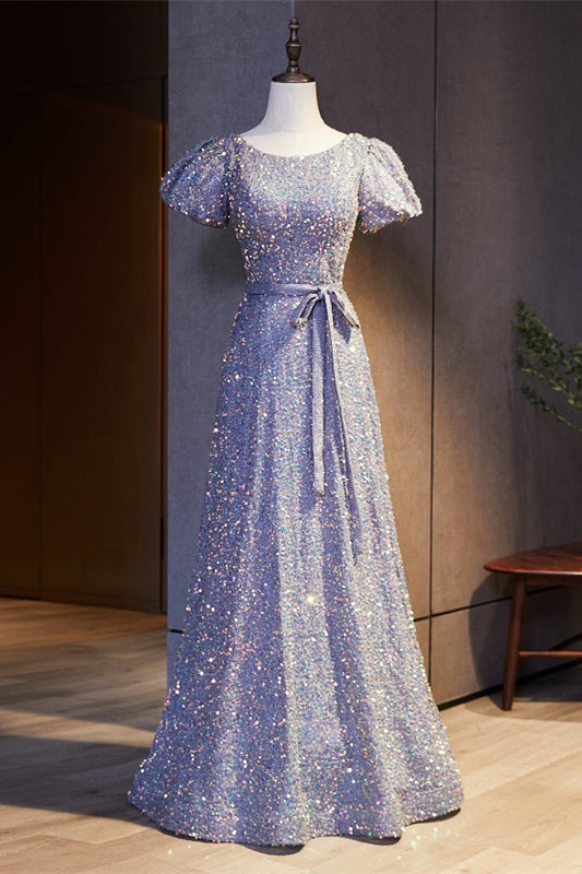Lavender A-line Scoop Neck Puff Sleeves Sequins Maxi Formal Dress with Sash