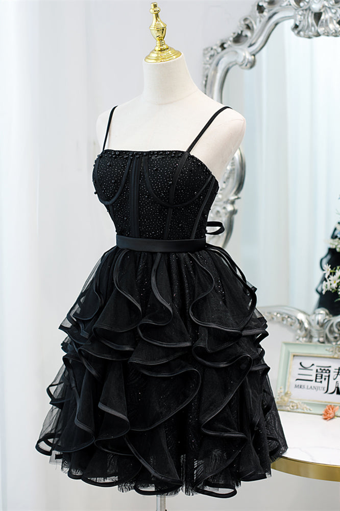 Black Straps Beaded Ruffle-Layers Tulle Homecoming Dress