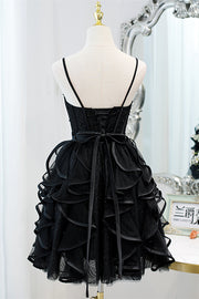 Black Straps Beaded Ruffle-Layers Tulle Homecoming Dress