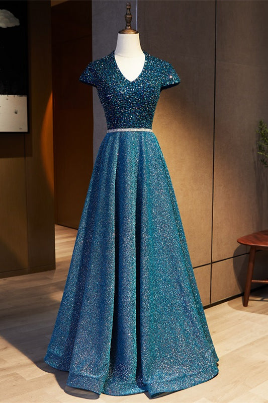 Flower Blue A-line Cap Sleeves Beaded Keyhole Long Formal Dress