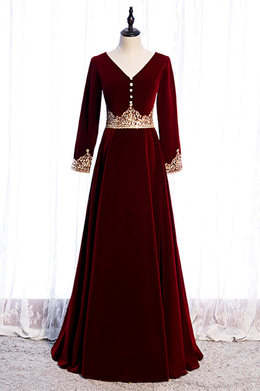 Burgundy V Neck Long Sleeves Embroidery Velvet Maxi Formal Dress with Button