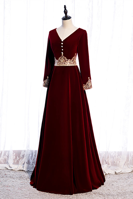 Burgundy V Neck Long Sleeves Embroidery Velvet Maxi Formal Dress with Button