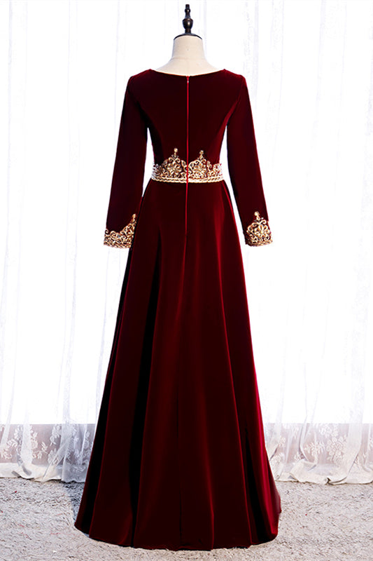 Burgundy V Neck Long Sleeves Embroidery Velvet Maxi Formal Dress with Button